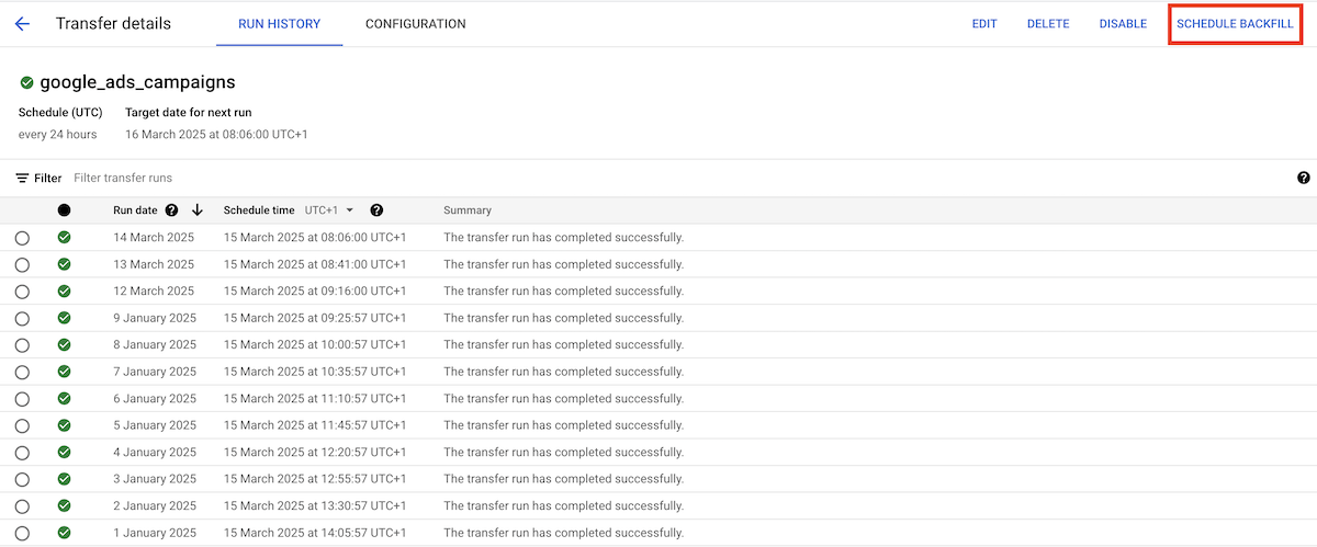 Schedule backfill for Google Ads data transfer in BigQuery