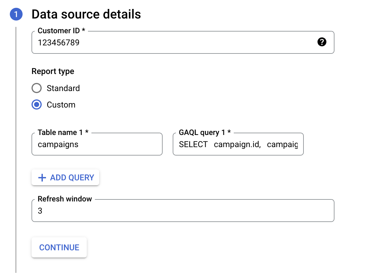 Google Ads data transfer source and configuration in BigQuery