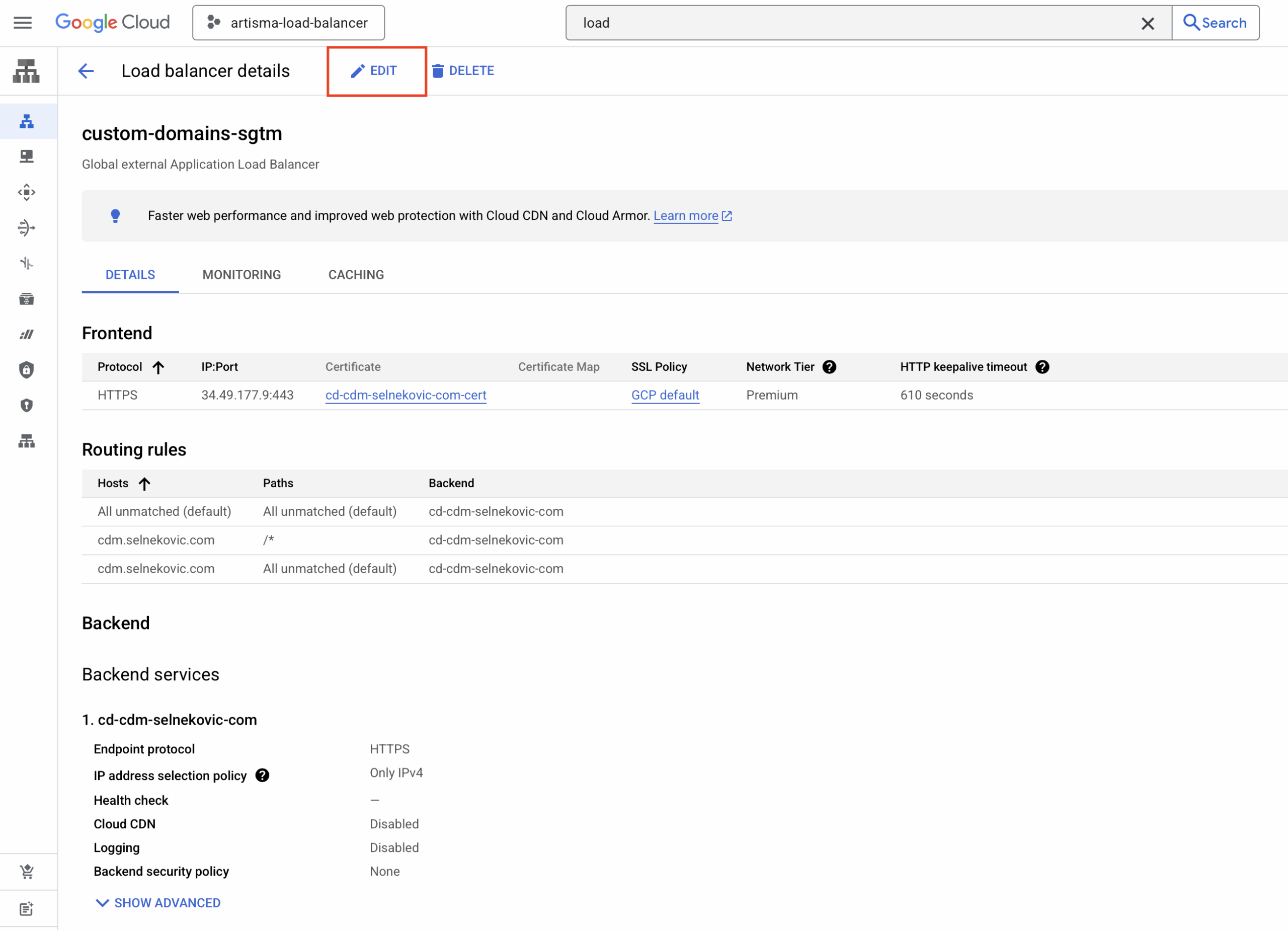 Load balancer custom domains in GCP Console