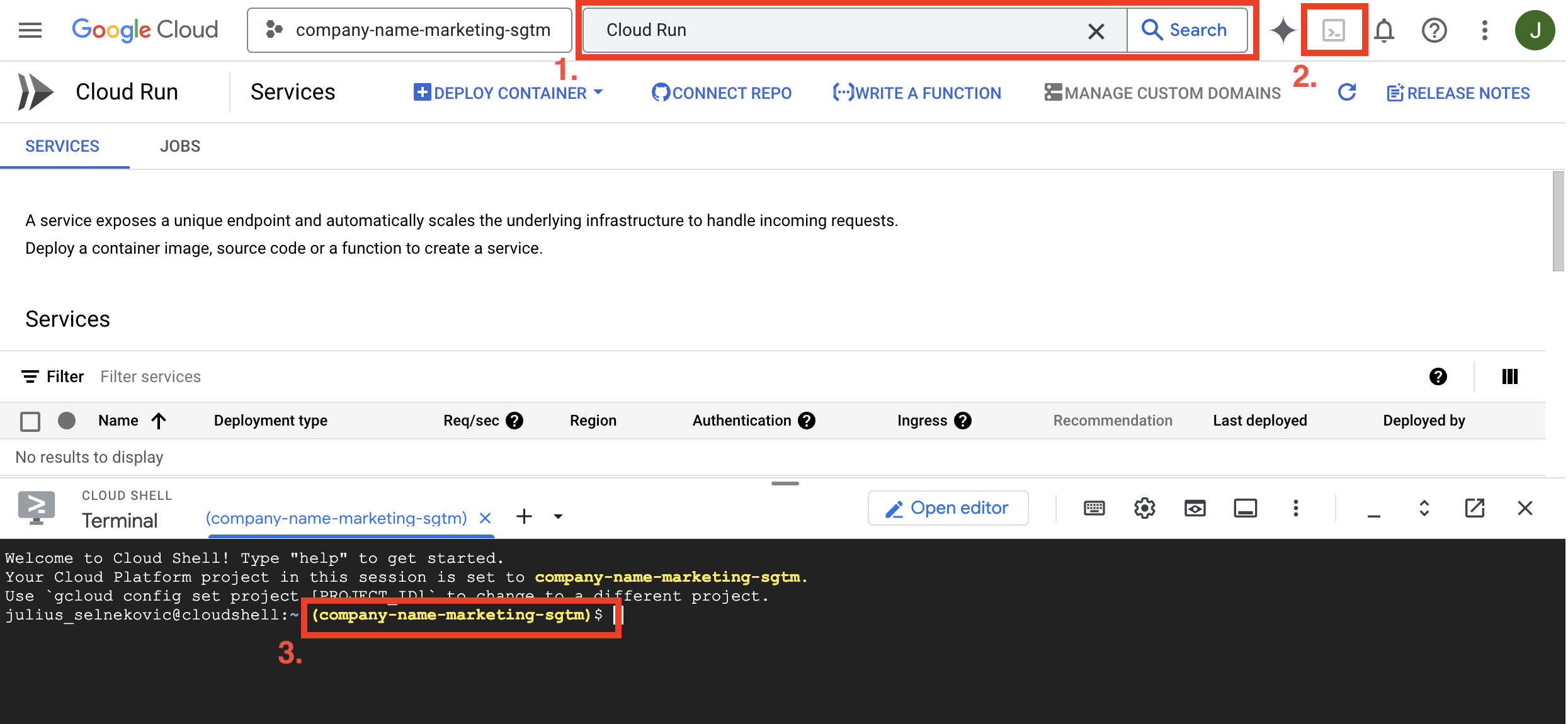 Open Cloud Shell in Google Cloud Console