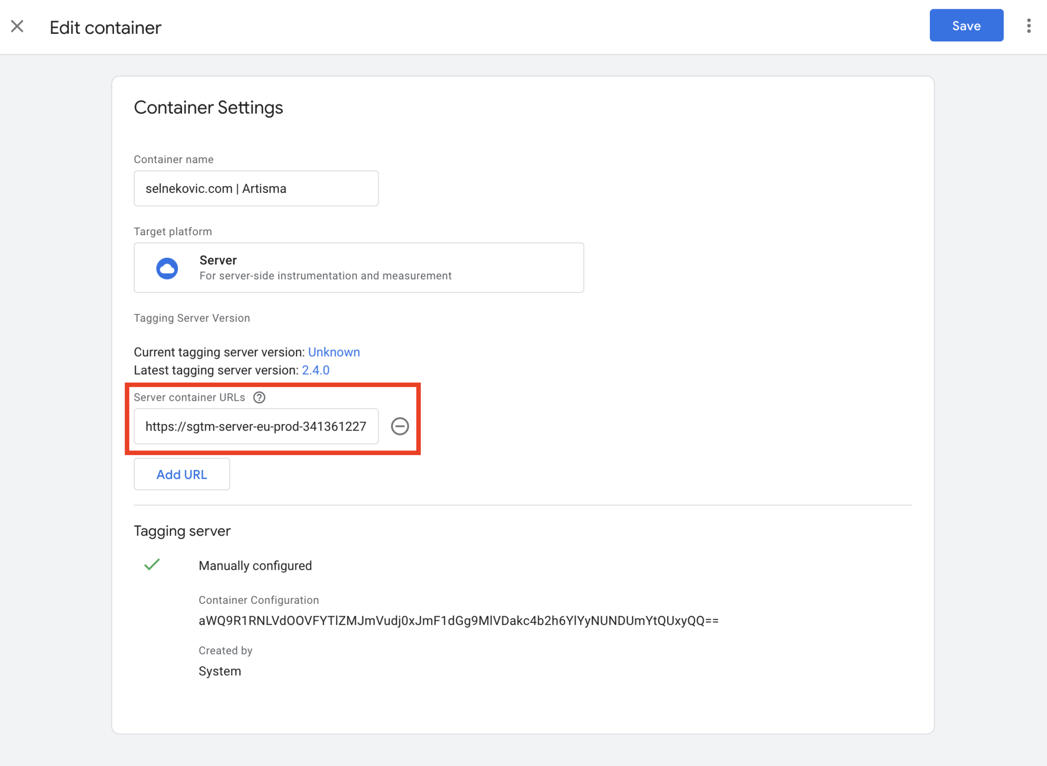 Server Container URL in GTM Container Settings