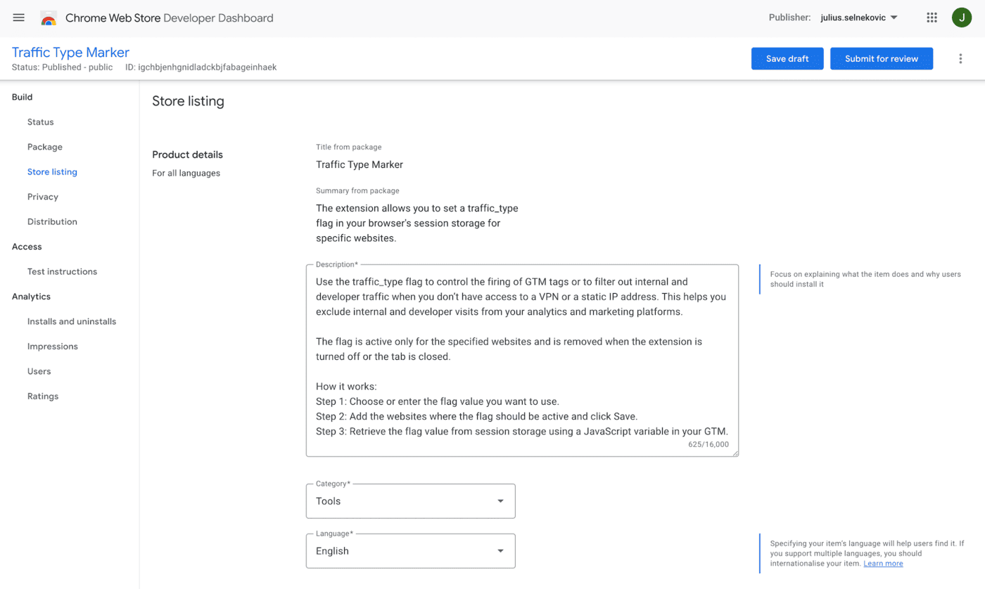 Chrome Web Store Developer Dashboard